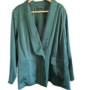 ELOQUII | Emerald Green Satin Shawl Collar Blazer with Piping | 28
